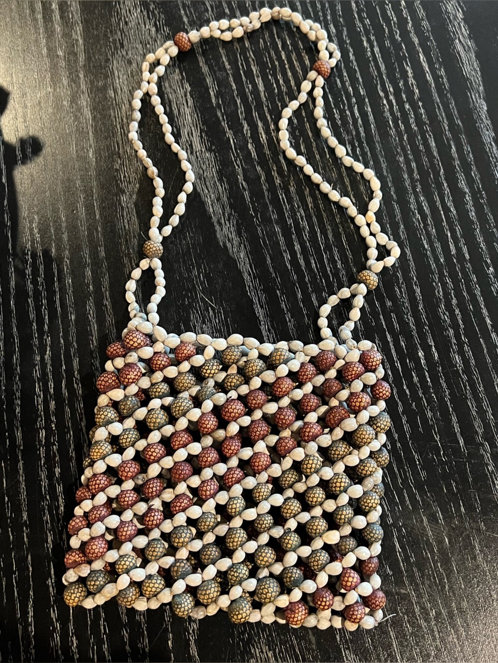 Handmade Beaded Crossbody Bag in Ivory, Brown & Gold